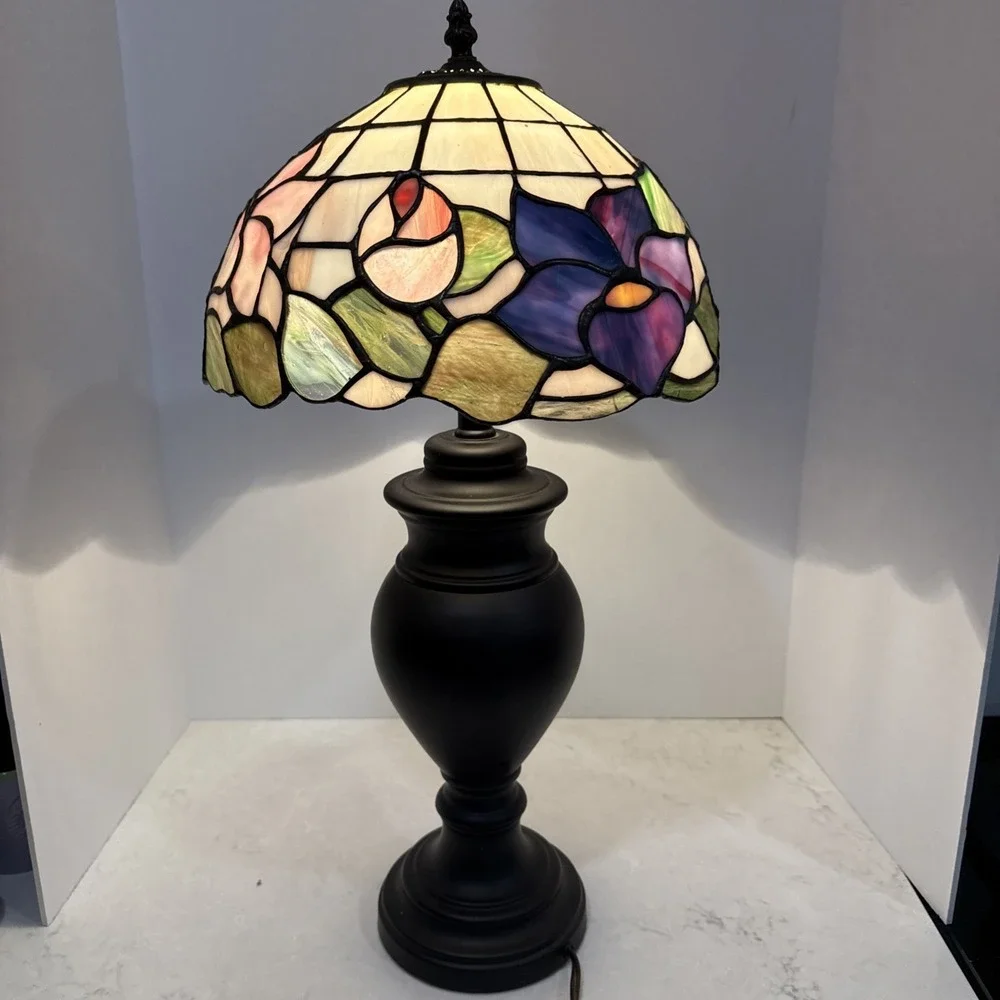 Retro Stained Glass Flower Base Tiffany Style Table Lamp Accent Lamp H24